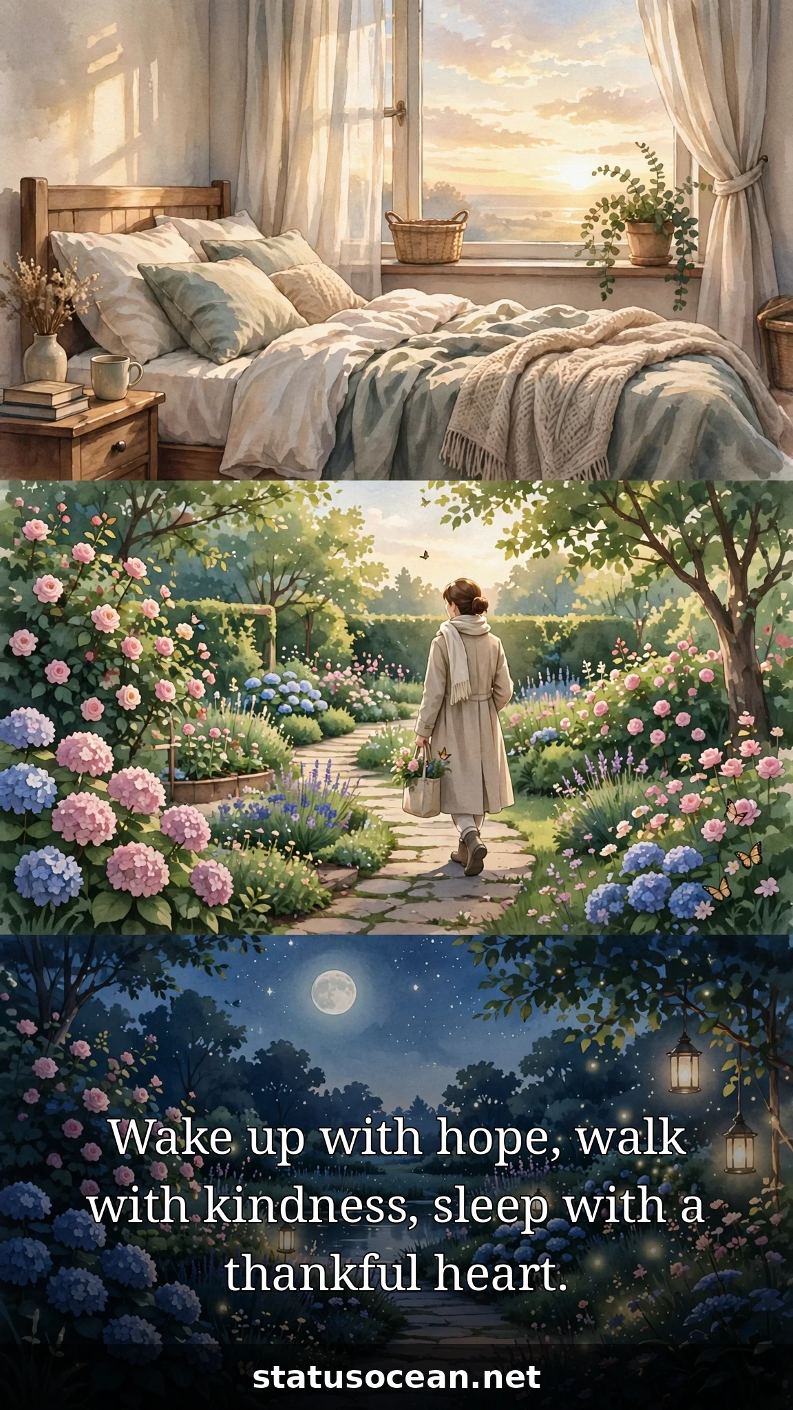 Wake up with hope, walk with kindness, sleep with a thankful heart.
